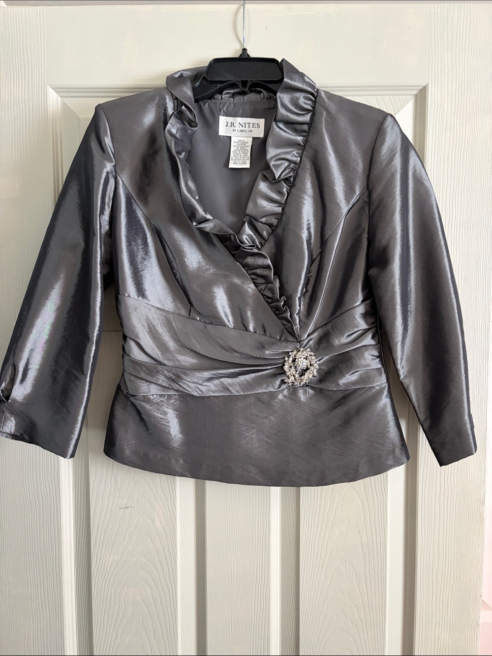JR Nites Metallic Gray Ruffle Lapel Blazer with Decorative Brooch